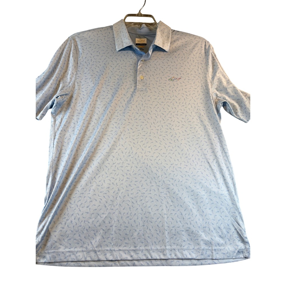 Greg Norman Play Dry Mens Blue Shark Print Golf Polo Shirt Size Medium